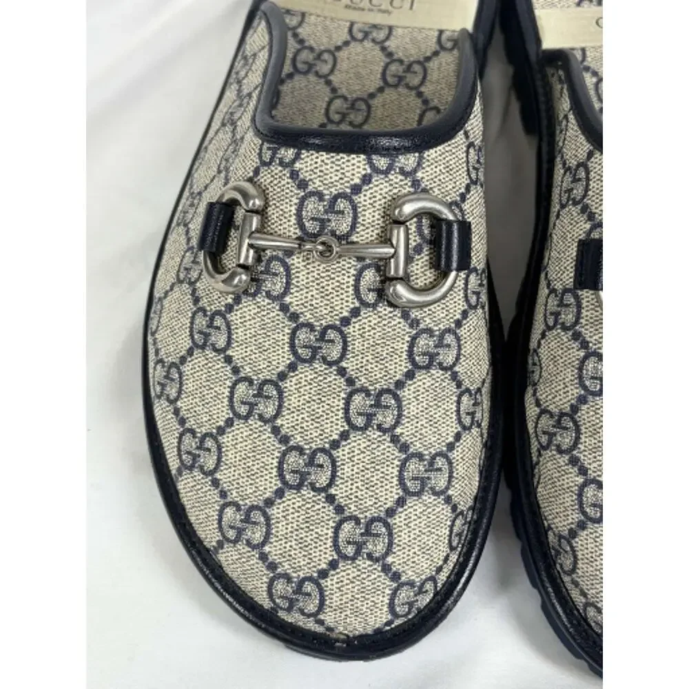 GUCCI Mule Slippers GG Navy Monogram & Silver tone Horsebit Size 5 SPB JA-368398